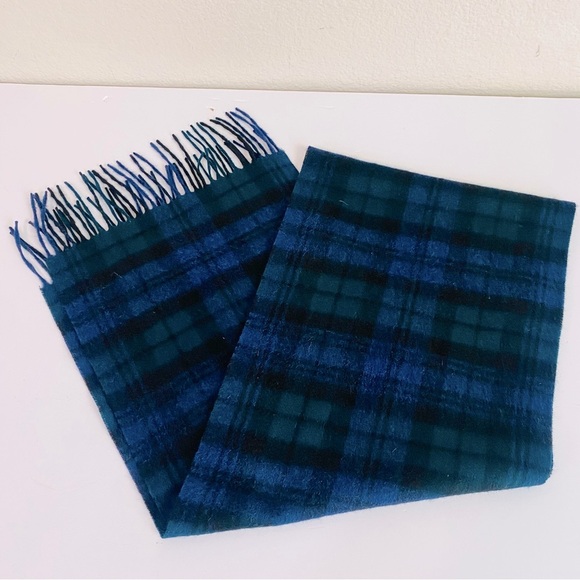 Lochmere Cashmere Navy/Green Tartan Plaid Scarf 12” x 59” - Picture 1 of 5
